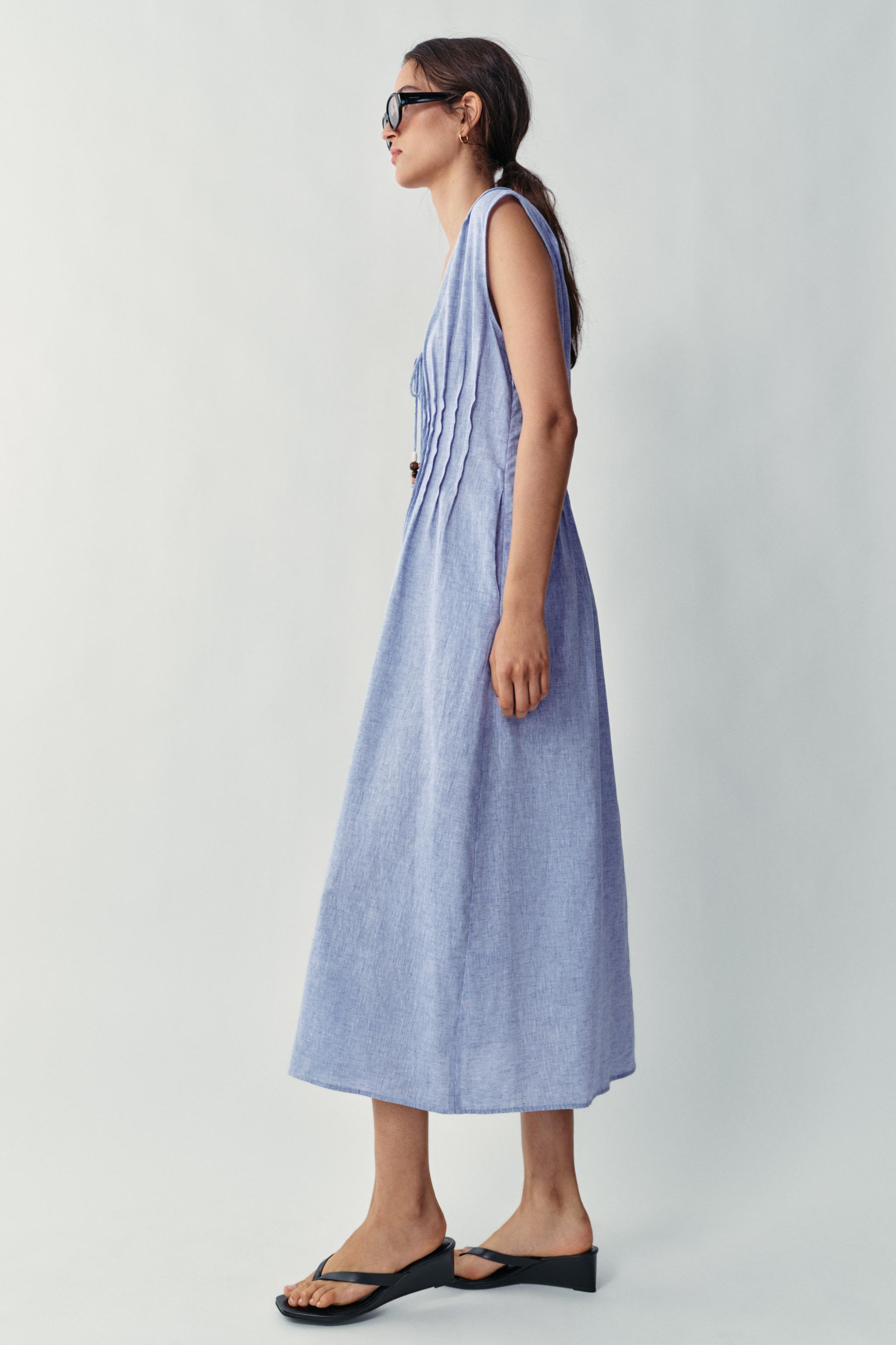 LINEN PINTUCK MIDI DRESS